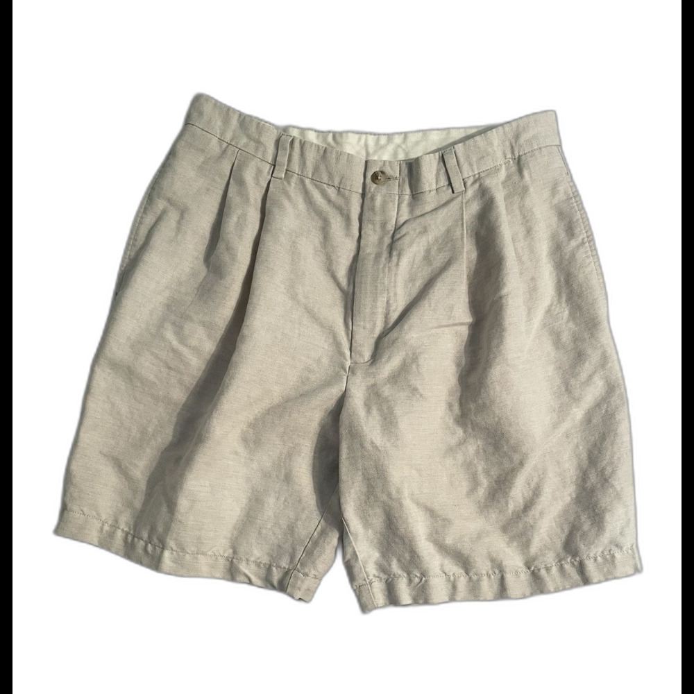 Roundtree & Yorke Shorts Men Size 36 Beige Pleated Front Linen Cotton Blend